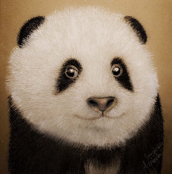 painting, Panda Smile,Mix media,pencil,pastel, ink, 6 x 6 ins