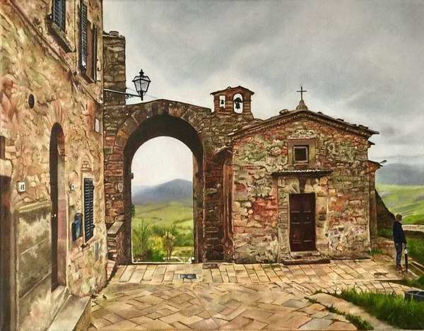 painting, Before The Rain (Volterre,Tuscany), oil on canvas, 14 x 18 ins