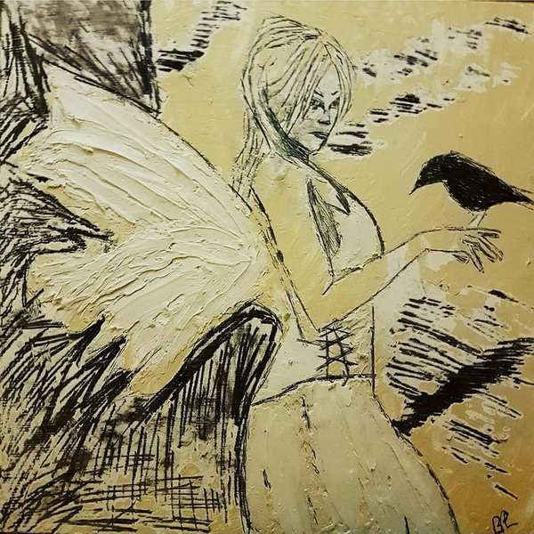 painting, Angel with a Crow, grout and emulsion on blackboard, 60 x 60 cm