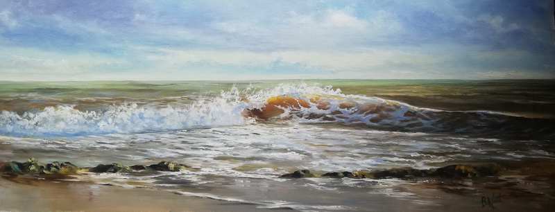 painting, Surf's Up, oil on board, 30 x 70 cms