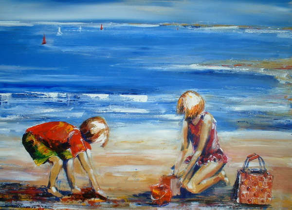 painting, Building Sandcastles, acrylic on board, 24 x 20 inches