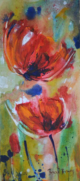 painting, Dancing Poppies, acrylic on paper, 12 x 27 cms