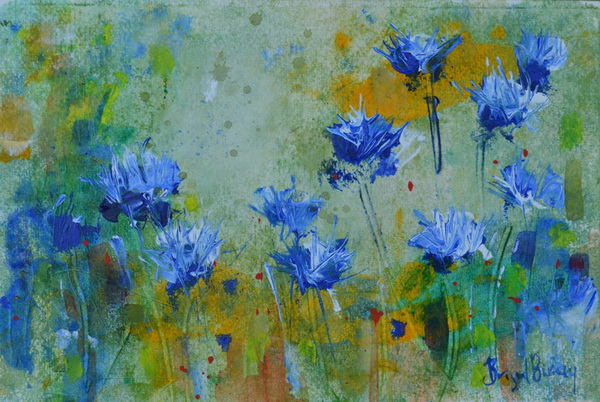 painting, Meadow of Cornflowers, acrylic on paper, 8 x 12 inch