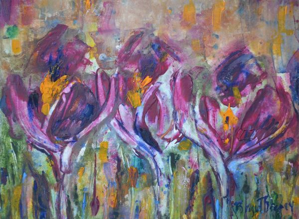 painting, The Crocus Garden, acrylic and oil on paper, 14 x 16 inches