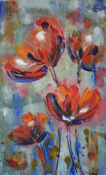 painting, The Poppy Border, acrylic on canvas paper, 14 x 9.5 ins