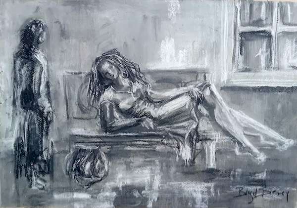 painting, When You Need Her, charcoal on fabriano paper, 8 x 12 inches
