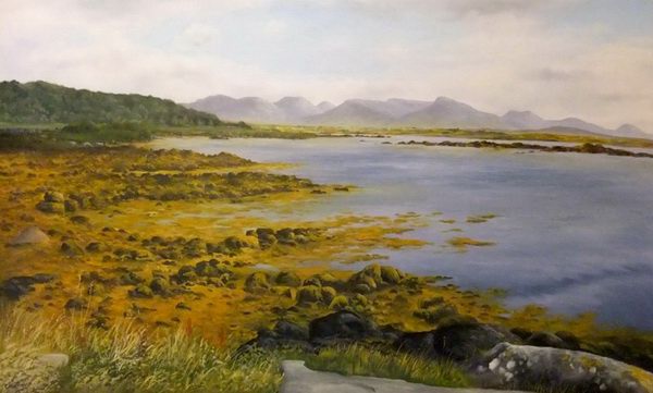 painting, View from Roundstone Village,Co Galway, oils on canvas, 60 x 36 ins