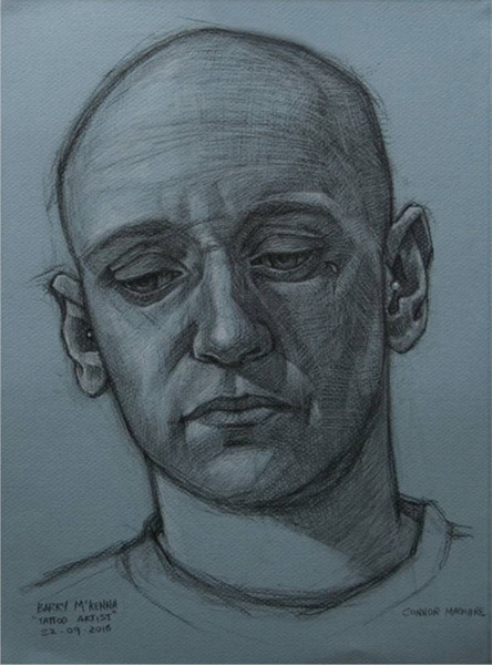 painting, Barry Mckenna-Tattoo Artist, charcoal and chalk on canson paper, 25 x 35 cm