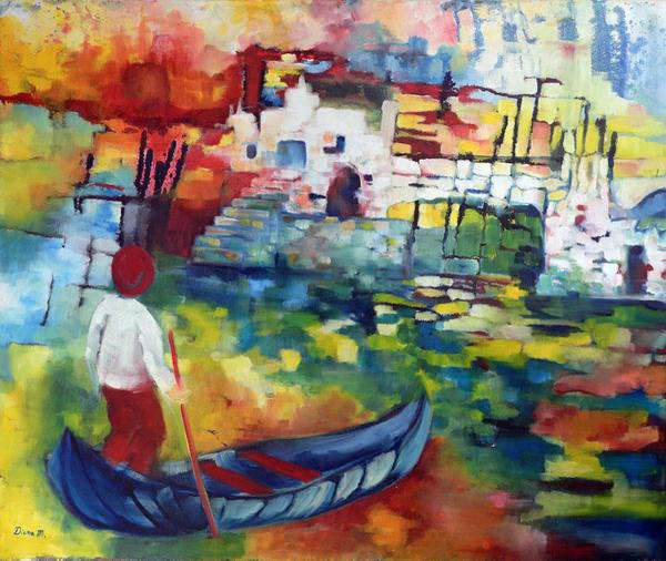 painting, Boatman, oil, 25 x 36 ins