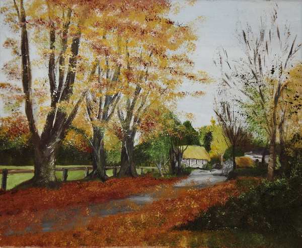 painting, At The End of The Lane, oil on canvas, 10 X 12 ins