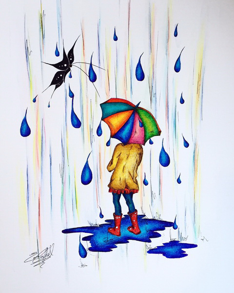 painting, My Techni-colour Brolly, watercolour, 16.5 x 12.5 ins