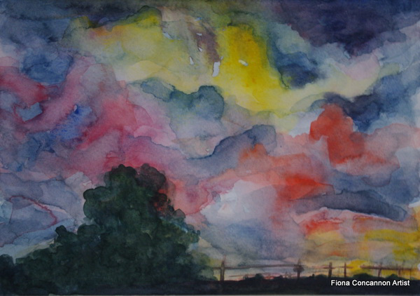 painting, Evening Sky,Spiddal, watercolour on paper, 10 x 7 inches