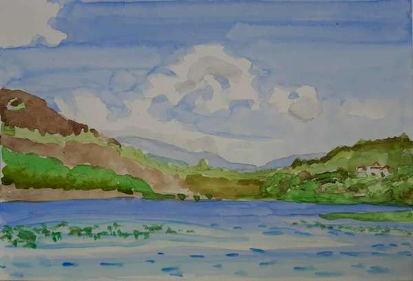 painting, Camlough Lake View of Slieve Dubh in distance, water colour and pencil, A4
