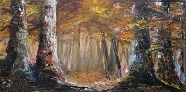 painting, Autumn Woodland, oil on canvas, 31.5 x 15.5 inch