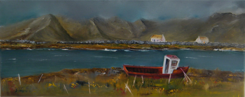 painting, The Old Fishing Boat - West of Ireland, oil on canvas framed, 24 x 12 inch