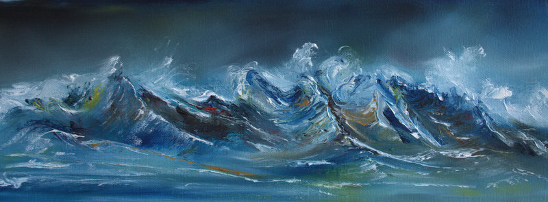 painting, Wind Over Tide, oil on board framed, 22 x 10 inch