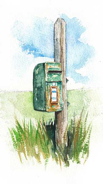 painting, Postbox Post, watercolour and pen on 456gsm bockingford watercolour pape, 13 x 23 cm