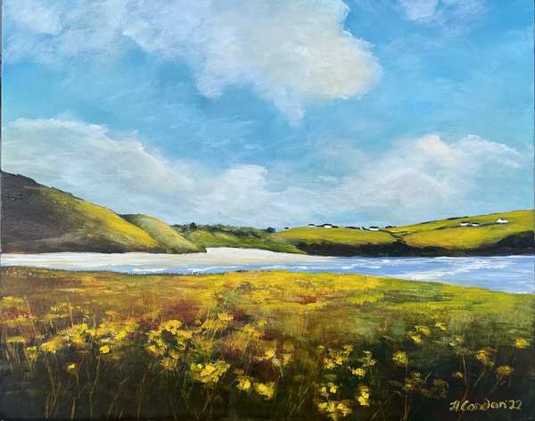 painting, Big Blue Sky,Inchydoney, acrylic framed, 49 x 59 cms
