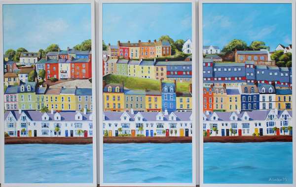 painting, Cobh Waterfront Triptych, acrylic on canvas, 100 x 50 cms each