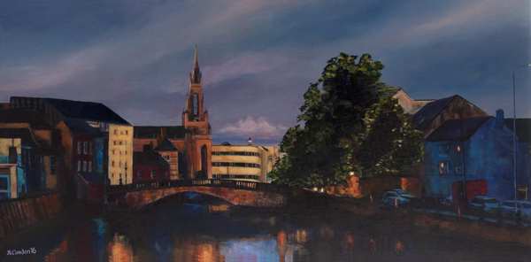 painting, Evening Glow over the River Lee, acrylic, 100 x 50 cms