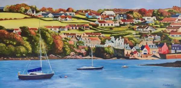 painting, Summercove View from Kinsale, acrylic, 50 x 100 cms