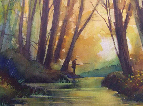 painting, Evening Fishing, watercolour, 14 x 10 ins