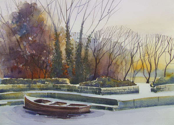 painting, Frozen Boat - Lough Ramor, watercolour, 14 x 10 ins