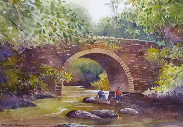painting, The Old Stone Bridge, watercolour, 14 x 10 ins