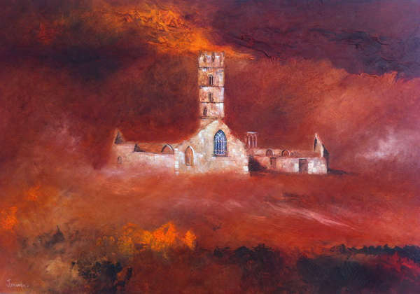 painting, Ancient Abbey, oil on canvas, 30 x 20 inches