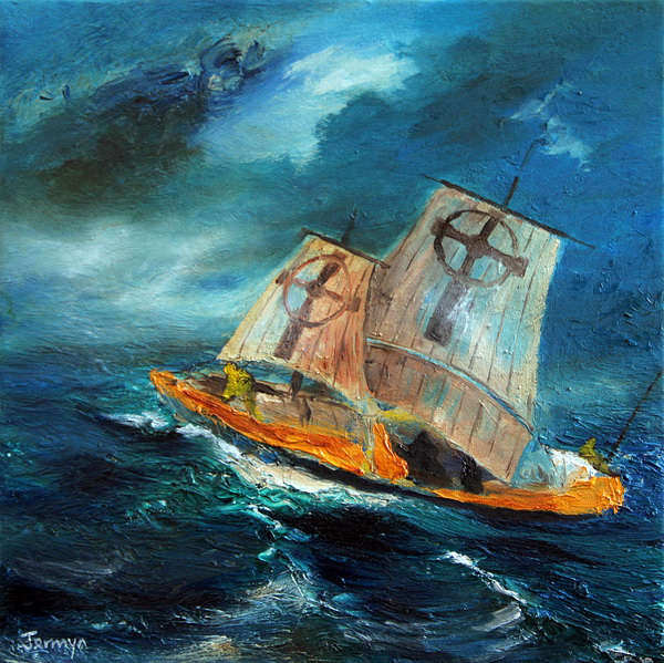 painting, The Brendan Voyage, oil on canvas, 12 x 12 ins