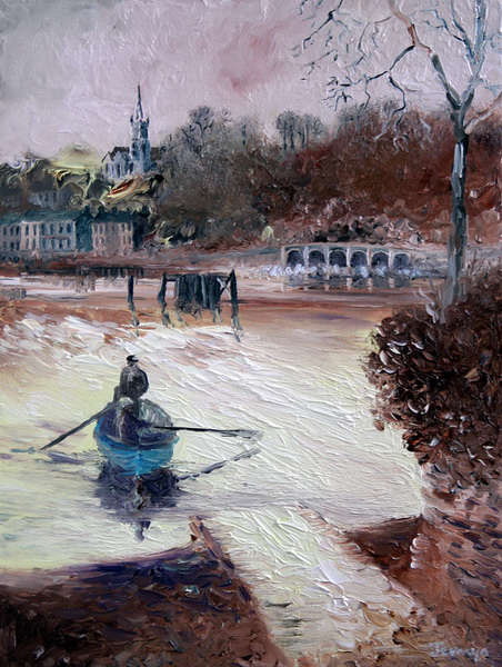 painting, The Rushbrooke Ferry, oil on canvas, 14 x 12 ins