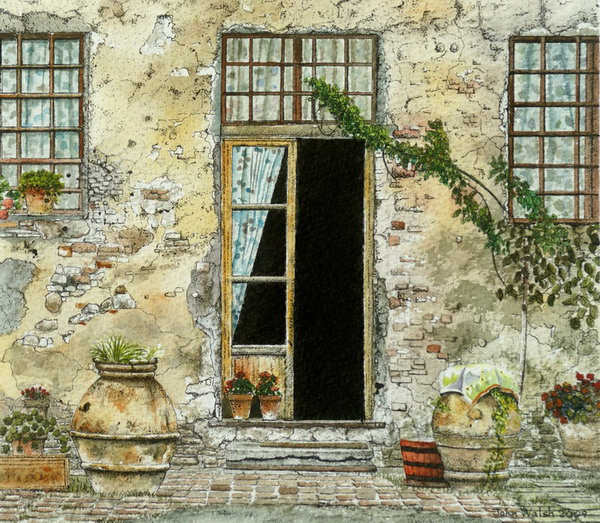 painting, Tuscan Farmyard, watercolour, 16 x 16 cm