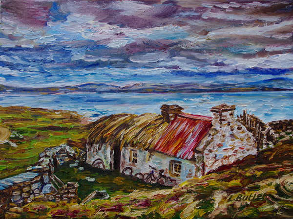 painting, Old Cottage at Crohy Head,near Dungloe,Donegal. Painted with kind permission from a photograph by Gary McParland,(Professional Photographer)., oil/acrylic on canvas., 12 x 16 ins