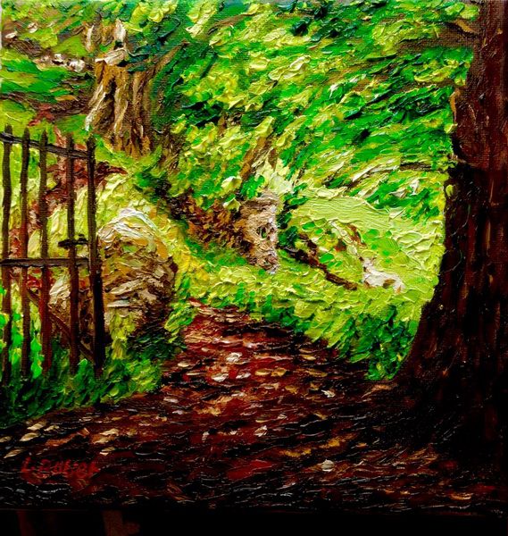 painting, Path through the Trees,Ballytober Lane,Islandmagee,County Antrim, oil and acrylic on canvas, 8 x 8 inches