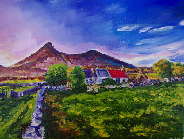 painting, Ruined Farm in the Shadow of Slieve Binnian,with kind permission form a photograph by Leslie Hanthorne, oil and acrylic on canvas, 10 x 12 inches