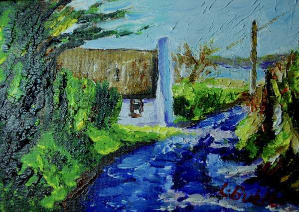 painting, Thatch on Town Lane,Islandmagee,County Antrim, oil and acrylic on canvas board, 5 x 7 inches