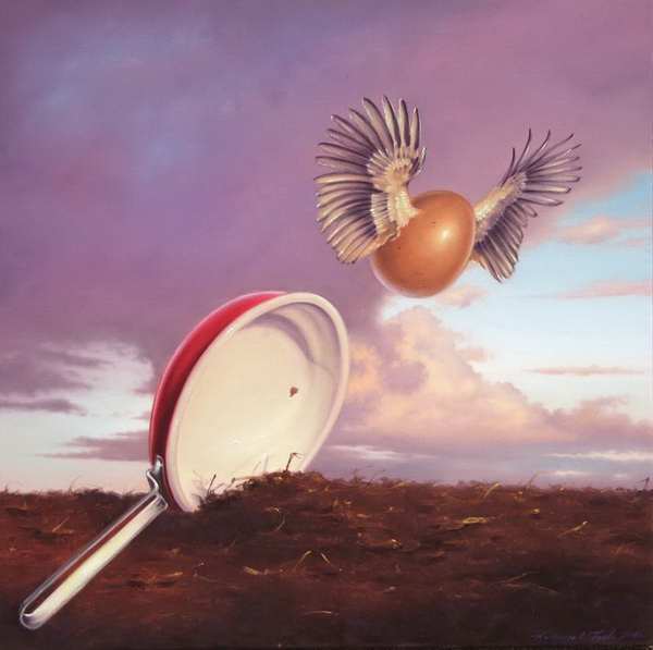 painting, The Great Egg Escape, oil on canvas, 50 x 50 cm