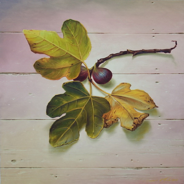 painting, Two Figs,Three Leaves, oil on canvas, 50 x 50 cm