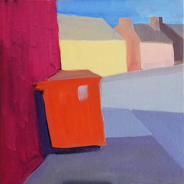 painting, Red Bin Carndonagh, oil, 8 x 8 ins