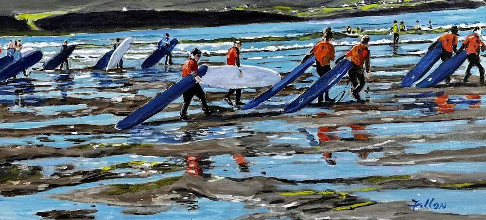 painting, Lahinch Surfers, oils, na