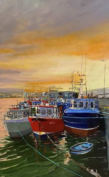painting, Skerries Trawlers Sunset, oil, 60 x 90 cms