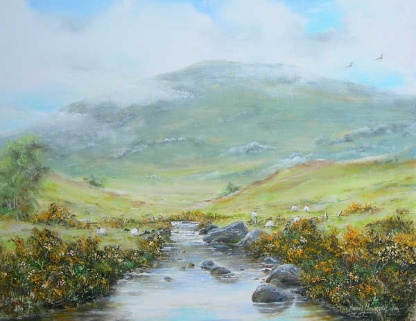 painting, Glendasin River Wicklow mountains, acrylic, 18 x 14 ins