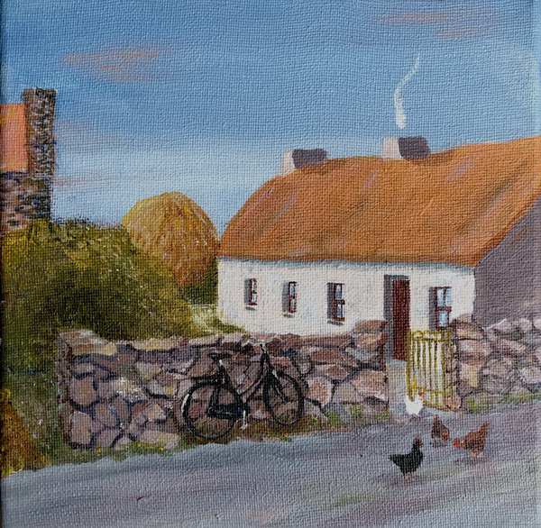 painting, Ireland in the 50s (The Cottage), acrylic on box canvas, 9 x 9 inches