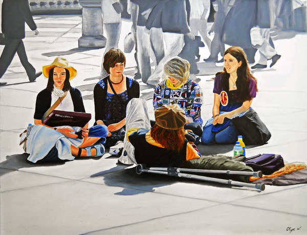 painting, Alone in the Crowd (Trafalgar Square), oil on canvas, 28 x 38 ins