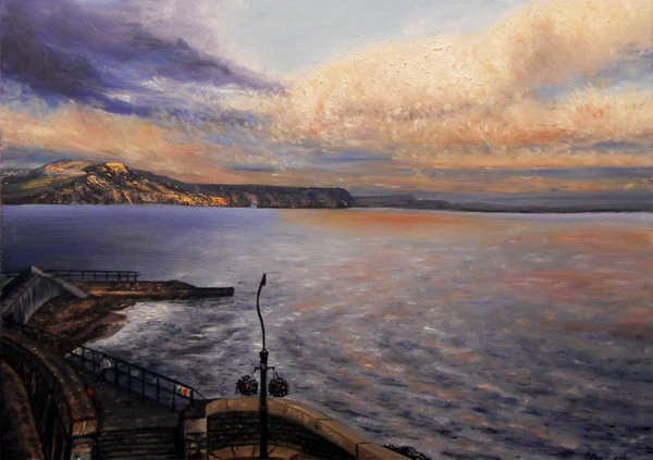 painting, Lyme Regis at Sunset, oil on canvas, 19.5 x 27.5 ins