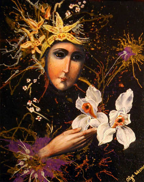 painting, Orchid Madonna, mixed media on board, 20 x 16 ins