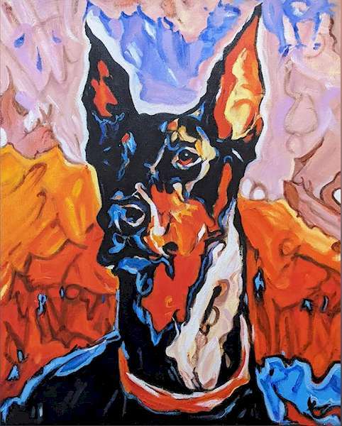 painting, Doberman, oils, 16 x 14 inches