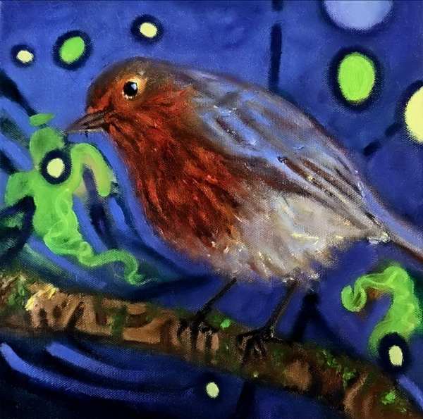 painting, Early Robin Catches The Worm, oils, 16 x 16 inches