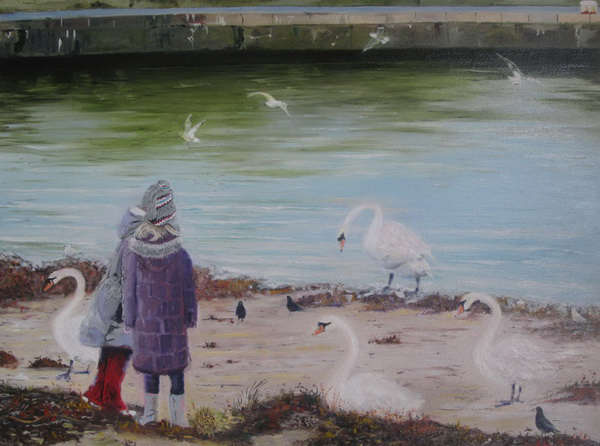 painting, Feeding the Swans Bray Harbour, oils, 60 x 50cm