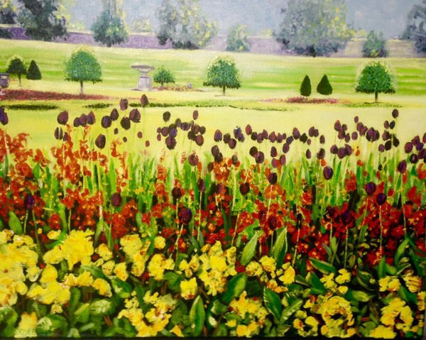 painting, May Flower Bed Powerscourt, oils, 20 x 16 inches